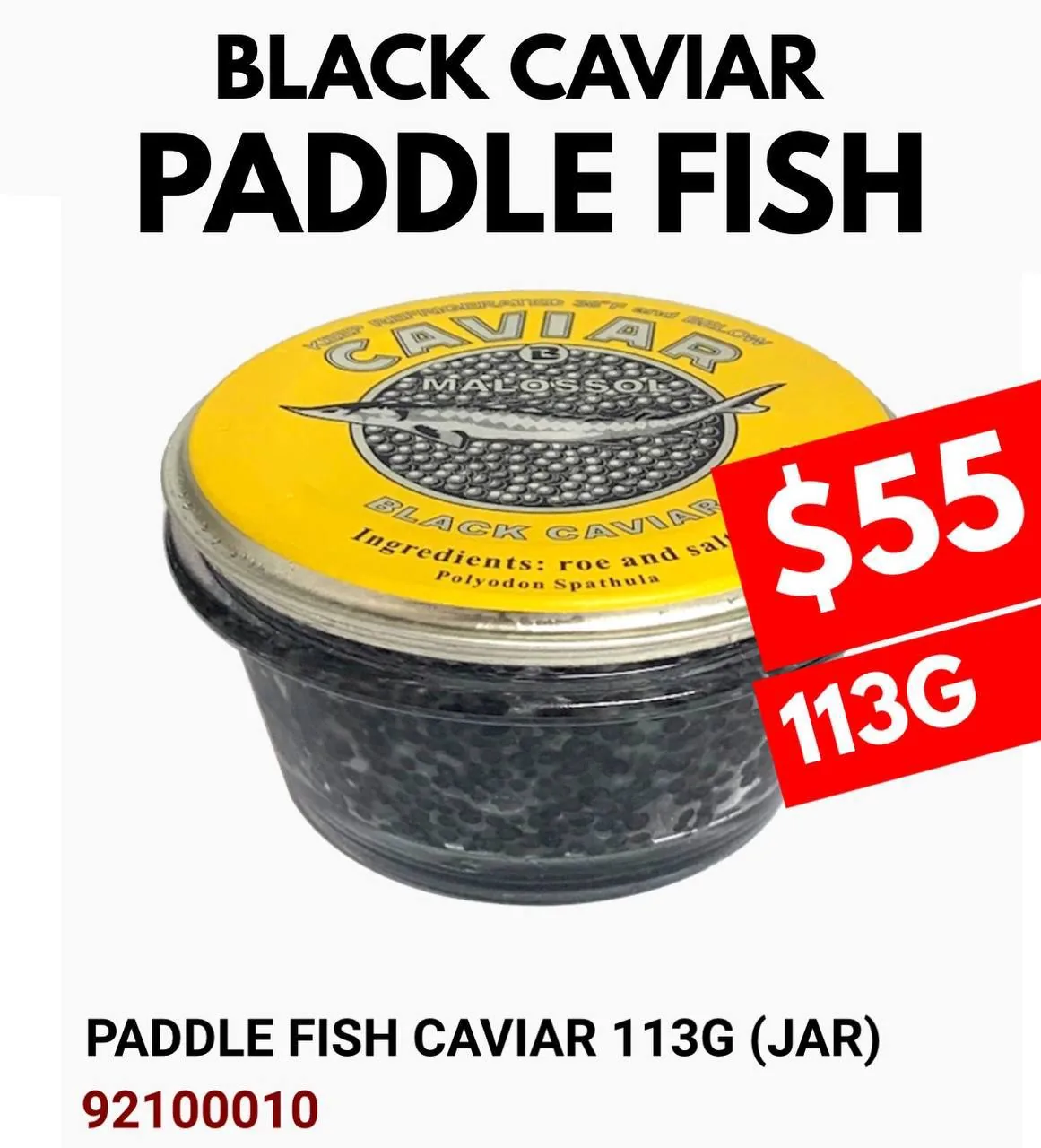 Банка икры Black Caviar Paddle Fish 113 г с ценой $55 для раздела икры, рыбы и морепродуктов